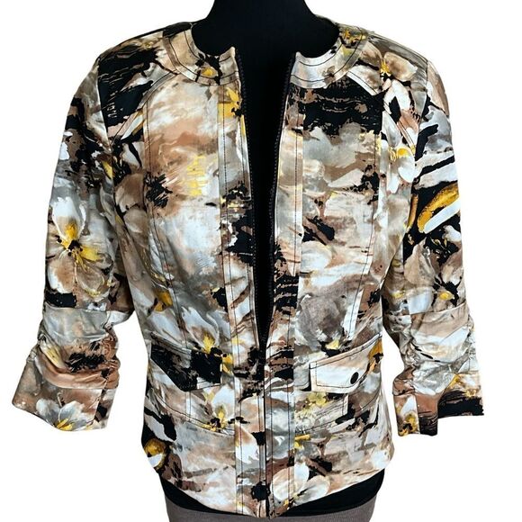 Coldwater Creek Women’s Brown Floral Zip Jacket Size 8 Ruched 3/4 Sleeves - Picture 14 of 16